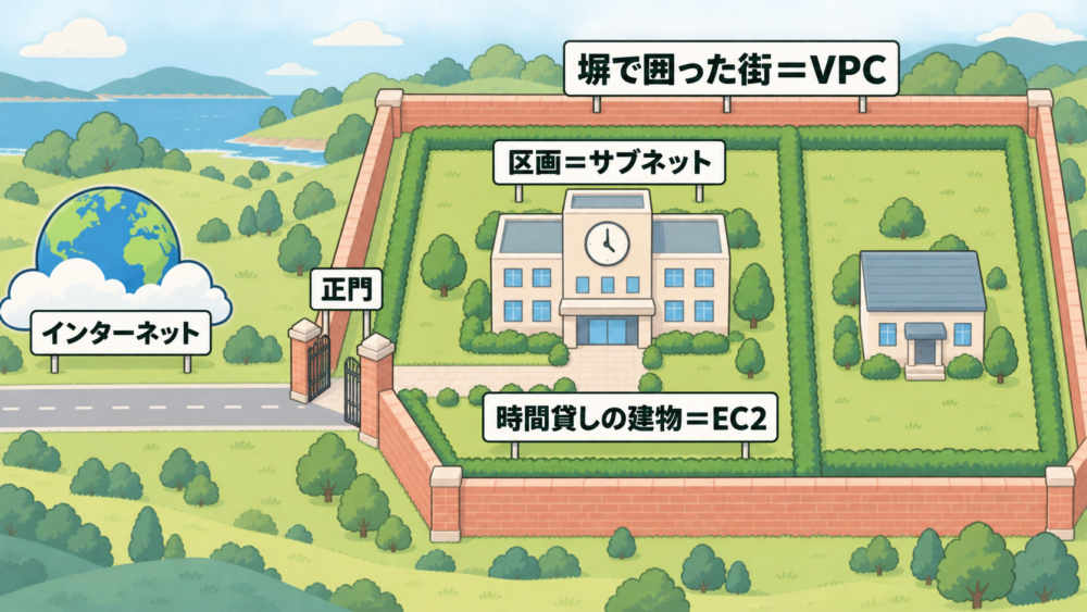 塀で囲った街（VPC）の区画（サブネット）に、時計の看板の付いた時間貸しの建物（EC2）が建ち、正門からインターネットへ道がつながる図