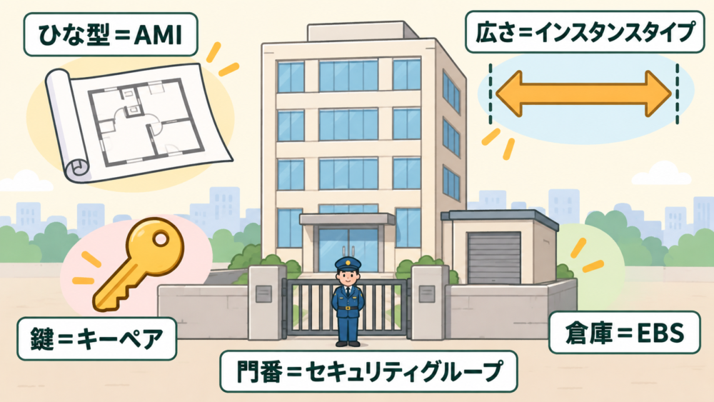 1棟のビルの周りに、設計図（AMI）・広さの矢印（インスタンスタイプ）・倉庫（EBS）・鍵（キーペア）・門番（セキュリティグループ）の札が付いた対応図