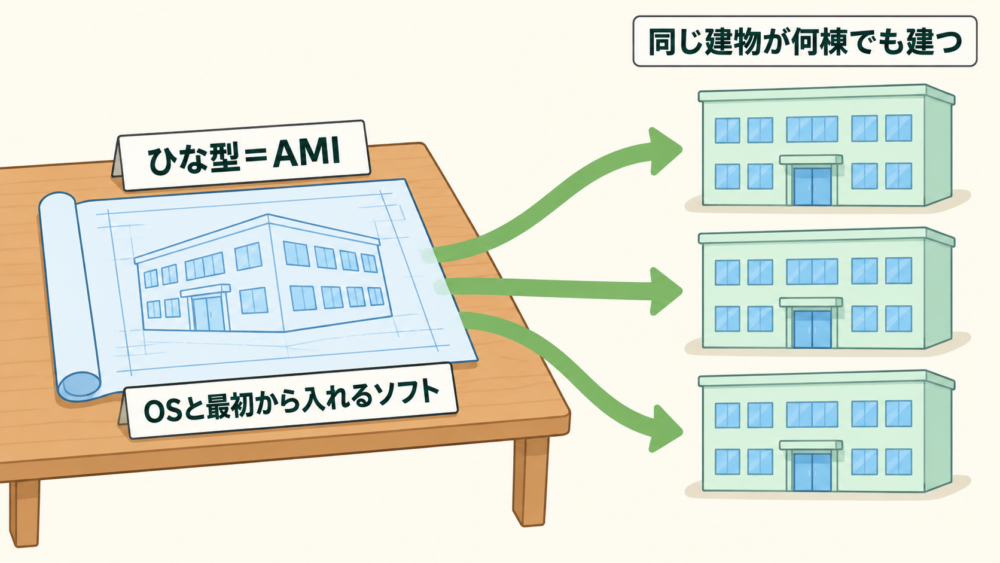 1枚の設計図（AMI）から矢印が3本伸び、まったく同じビルが3棟建っている図