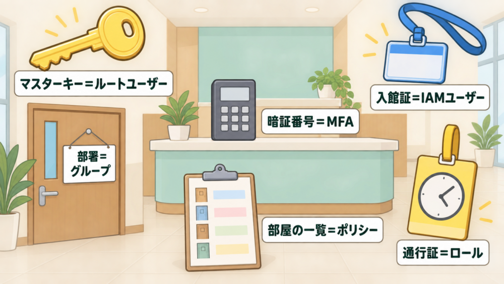 受付カウンターの周りに、マスターキー(ルートユーザー)・入館証(IAMユーザー)・部署のドア(グループ)・部屋の一覧(ポリシー)・通行証(ロール)・暗証番号の機械(MFA)の札が付いた対応図