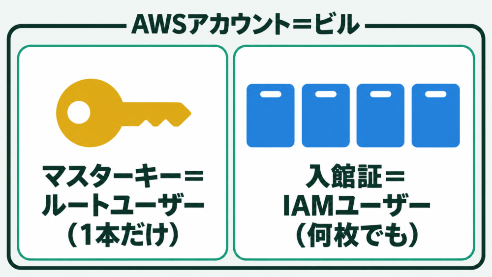 AWSアカウント(ビル)の枠の中に、ルートユーザー(マスターキー1本)とIAMユーザー(入館証何枚でも)が入っている入れ子図