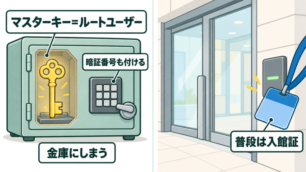 左は金庫にしまったマスターキー(ルートユーザー)と暗証番号、右は入館証で普段の出入りをする人の比較図