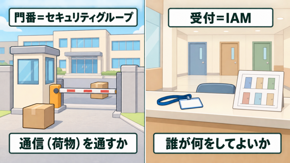 左は門の前で荷物(通信)を通すか決める門番(セキュリティグループ)、右は受付で入館証を見て何をしてよいか決める受付(IAM)の比較図