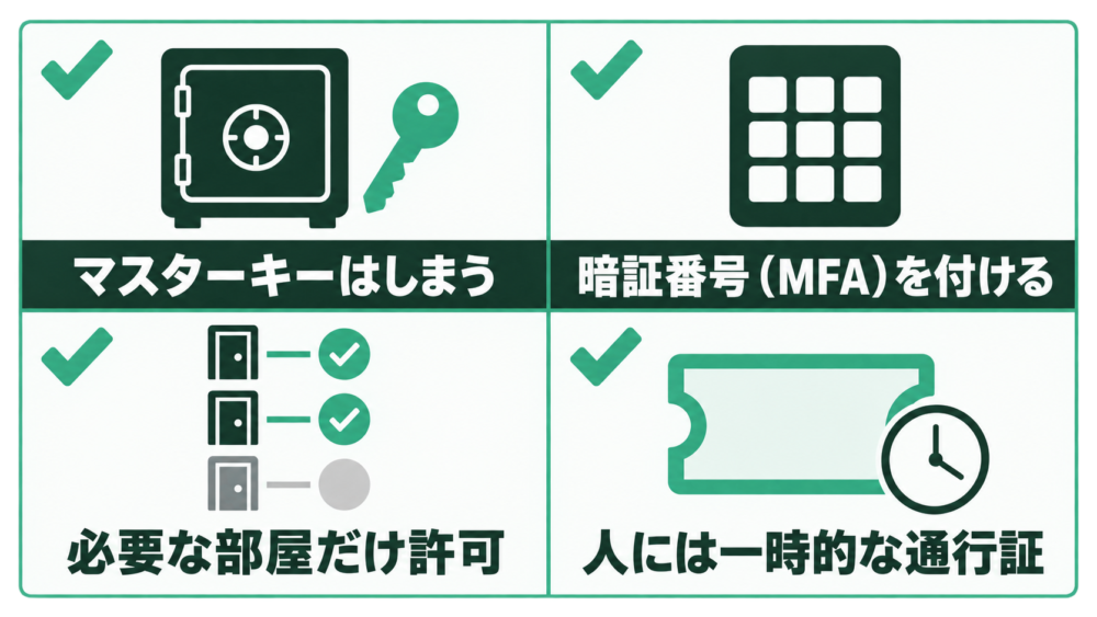 マスターキーはしまう・暗証番号(MFA)を付ける・必要な部屋だけ許可・人には一時的な通行証、の4つのチェックカード