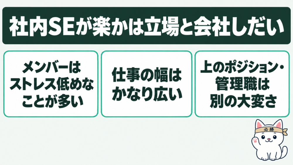 結論：社内SEが楽かは立場と会社しだい。メンバークラスならSIerよりストレスは低めなことが多い